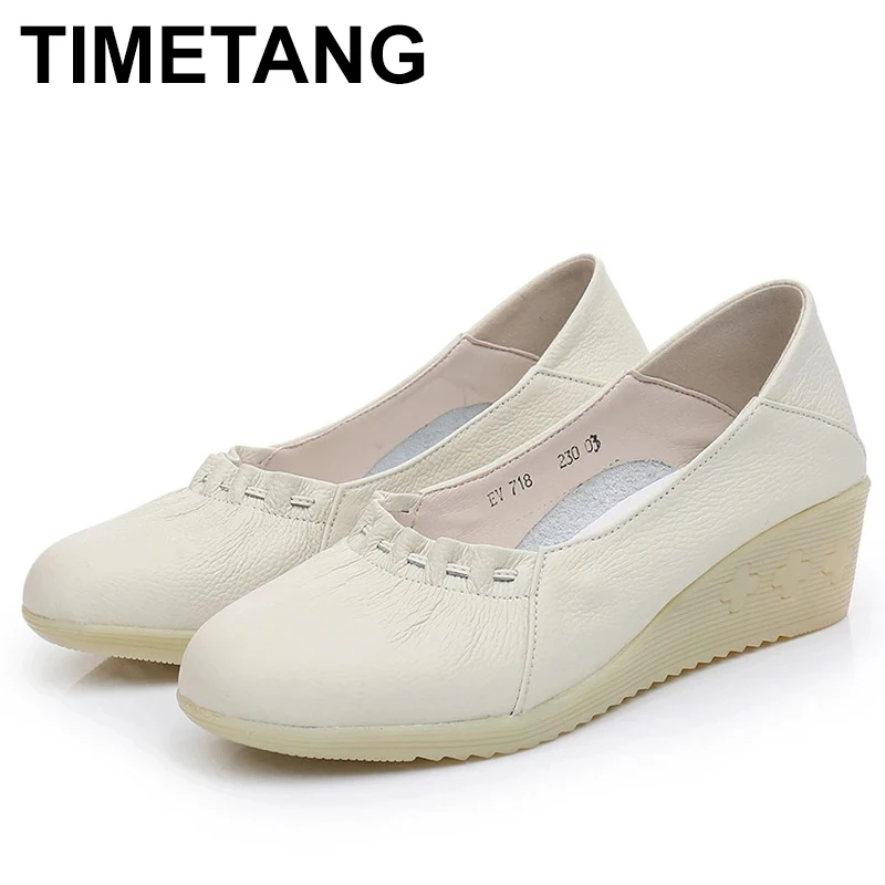 

Women Fashion Round Toe Wedge Shoes Lady Genuine Leather White Work Shoes zapatos de mujer tacon medio elegantes