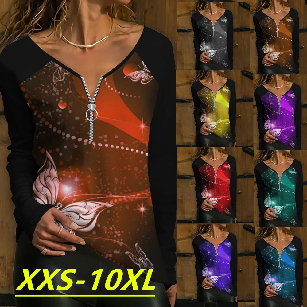 

Осень-зима 2022, новинка, Модный женский топ с принтом бабочки, длинным рукавом, на молнии, с V-образным вырезом, Повседневный, большие размеры