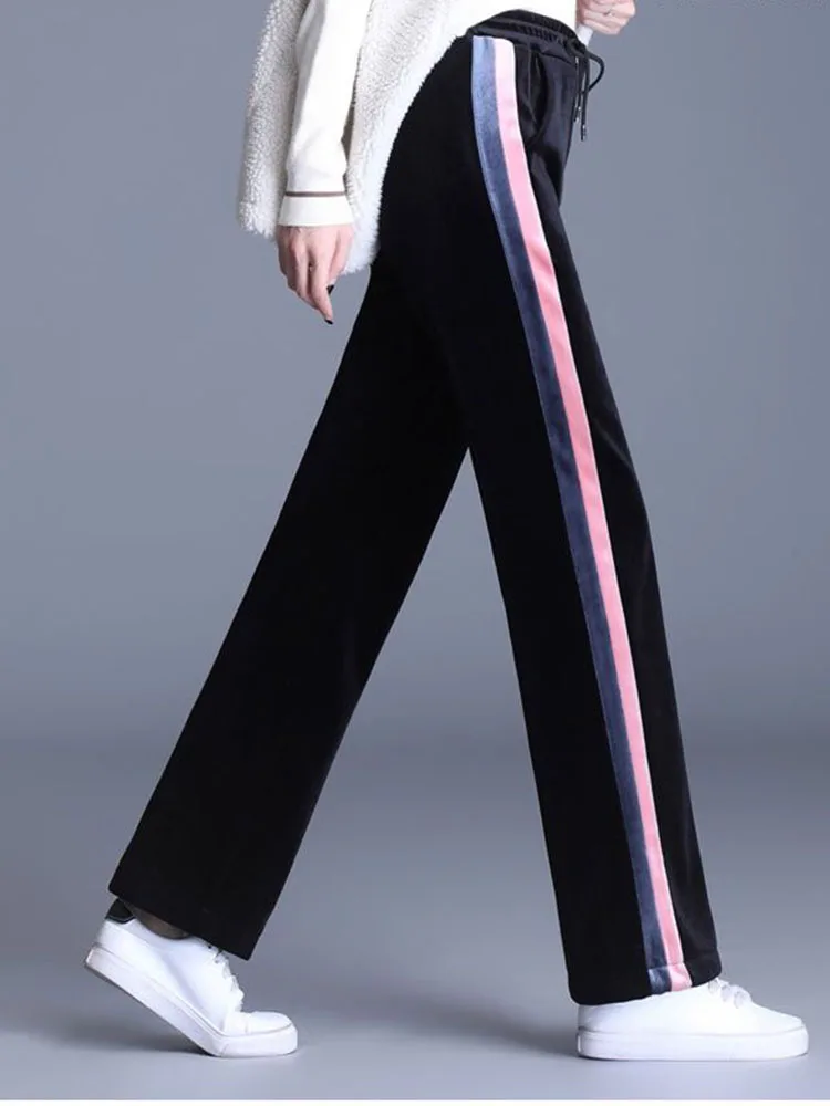 Женские утепленные мешковатые прямые брюки зимние теплые полосатые бархатные