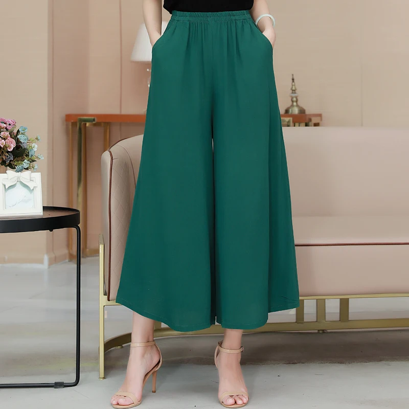2023 Summer Cotton Linen Wide Leg Pants Women Casual Solid Color Elastic Waist Trousers Loose Woman Ankle-Length Pants