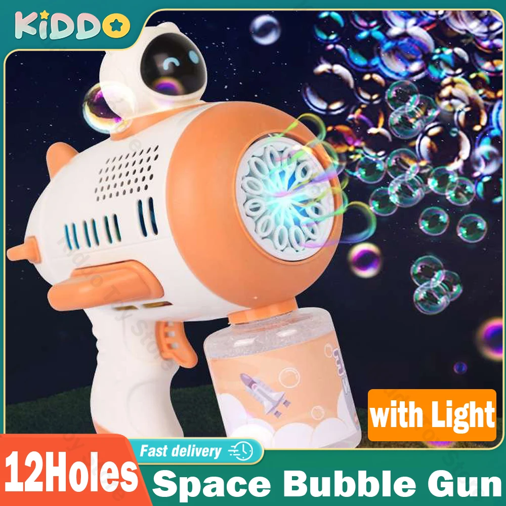 

12 Holes Bubble Gun Fully Automatic Soap Bubble Blower Rocekt Machine Spaceman Portable Guns with Light Children's Day Gifts