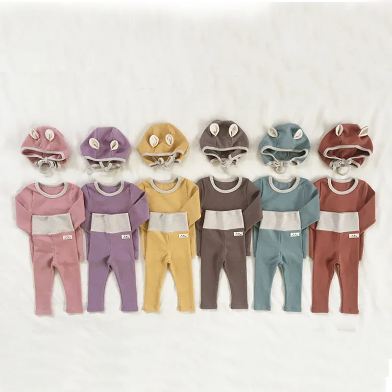 

2022 Autumn Children Candy Color Homewear Pajamas Set Girl Boy Baby Solid Cotton Long Sleeve Tops+Pants+Ear Hat 3pcs pyjamas Set