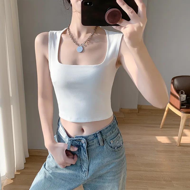 

Summer Korea Fashion Sexy Women's Sleeveless White Square Neck Cotton Women's Tops Exposed Navel Camisole Tight Vest