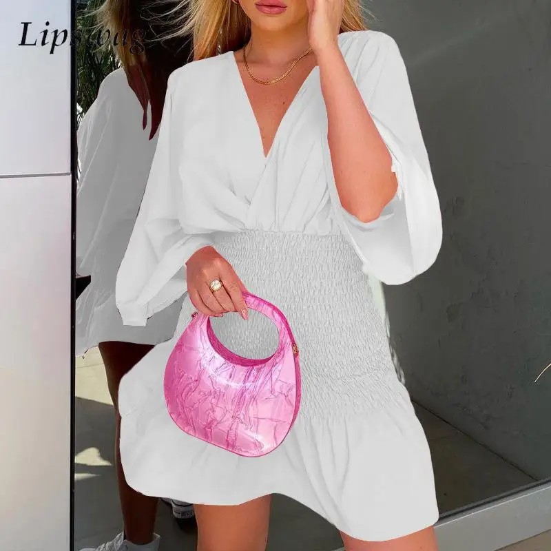 

Модное однотонное мини-платье с V-образным вырезом на талии, весенне-летнее женское Повседневное платье с расклешенным рукавом, женское Плиссированное эластичное милое платье