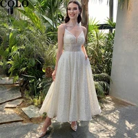 womens dresses wedding dress 2022 spaghetti straps bridal dress v neck gliiter sequins tea length wedding evening gowns