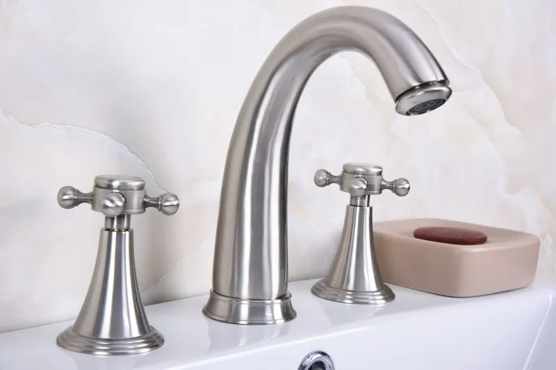 2 Handles Cross Knob Widespread Three Holes 3 Piece Bathroom Faucet Deck Mount Vanity Mixer Sink Tap Tbn017