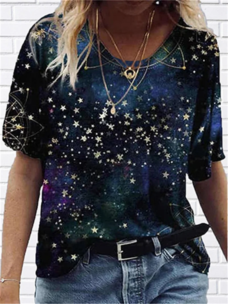 

Women's Summer Fashion Star Prnt T Shirt Galaxy O- Neck Lady fashion Basic Tops Blue / 3D Print Pullover Loose Casual Shirt 6XL