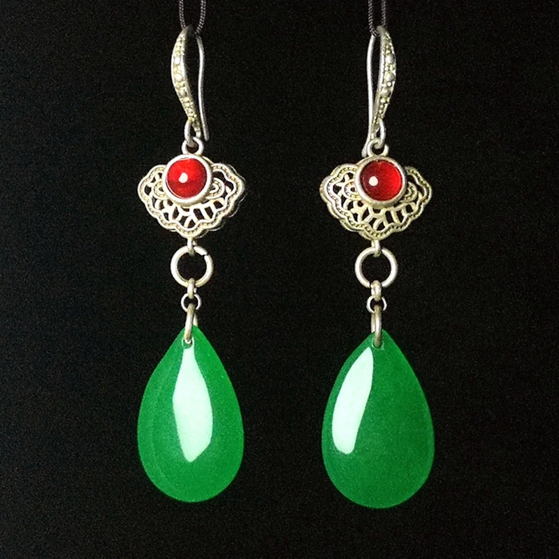 

YIZHU CULTUER ART Collection a Pair 2.7in Chinese Tibet Silver Jadeite Jade Carving Earring earbob Pendant girl Gift