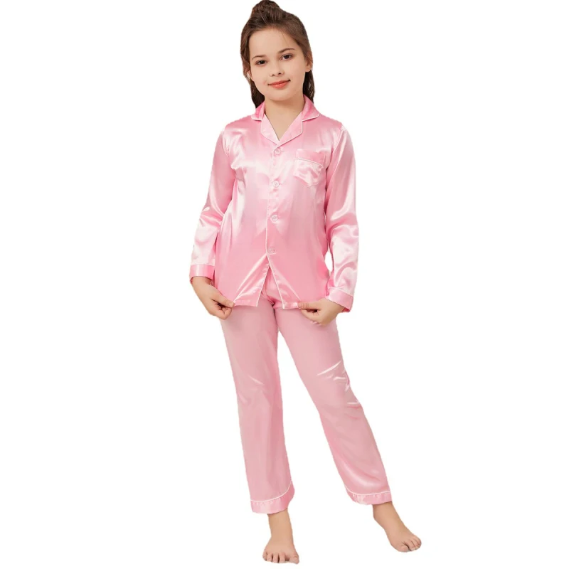 

Retail Pajamas Kid Unisex Pajamas Set Girls Boys Satin Long Sleeve 2 Piece Clasic Sleepwear Top Pants Nightwear B174