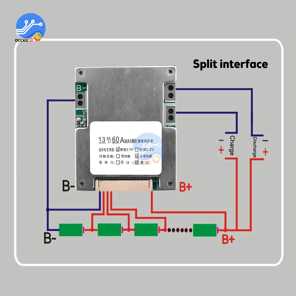 

Компактный модуль платы BMS, литий-ионный аккумулятор для защитной платы, BMS фитинг для аккумуляторов 13S, 48 В, 60 А, прочный