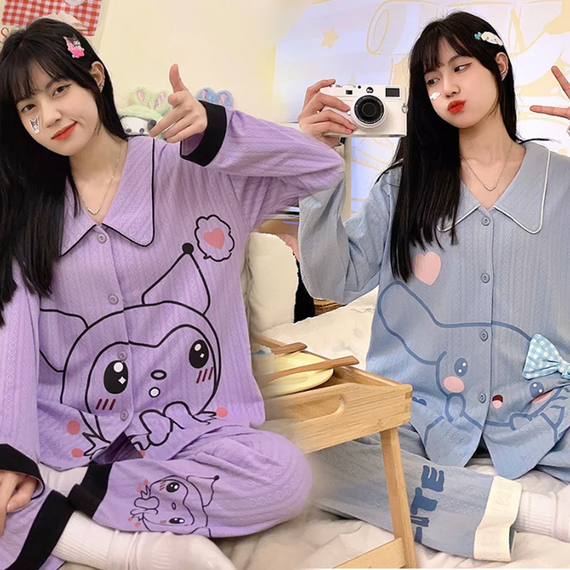 

Anime Kuromi Pure Cotton Long Sleeve Pajamas Girl Sanrios Spring Autumn Kawaii Cartoon Can Be Worn Outside Tracksuit Set