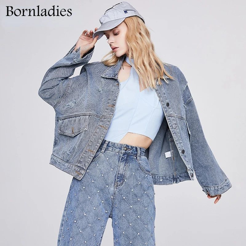 

Bornladies 2022 Spring Autumn Women's Denim Jackets Letter Embroidery Streetwear Fashionable Lady Jeans Tops