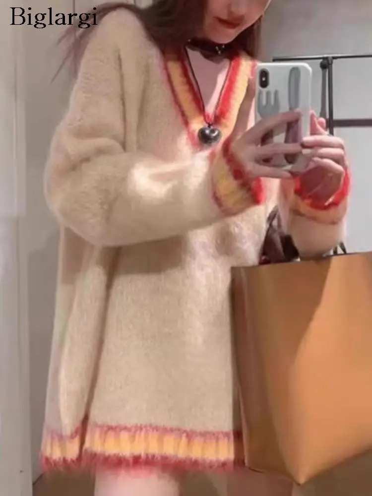 

Женский трикотажный свитер с длинным рукавом, V-образным вырезом