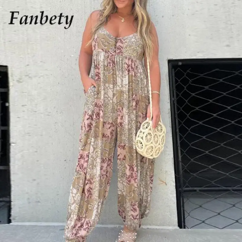 

Fashion Pattern Print Party Playsuits Women Elegant V-Neck Hollow Out Beach Rompers Ladies Vintage Suspended Pockets Playsuits