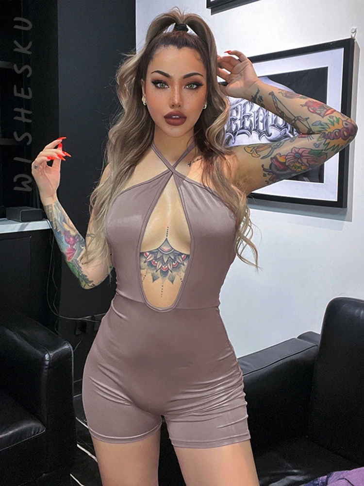 

Sexy Halter Backless Cut Out Playsuits Women Sleeveless Skinny Shorts Jumpsuits 2022 Summer Harajuku Night Club Party Outfits