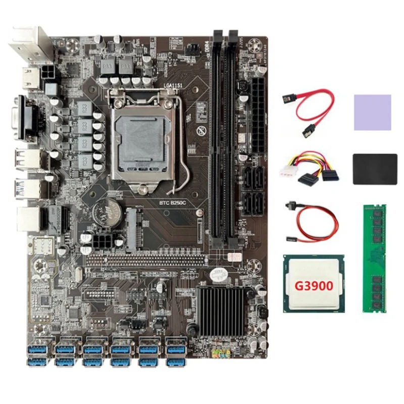 

B250C BTC Mining Motherboard LGA1151 DDR4 8GB 2666Mhz RAM+G3900 CPU+4PIN To SATA Cable+SSD 128G 12XPCIE To USB3.0 Slot