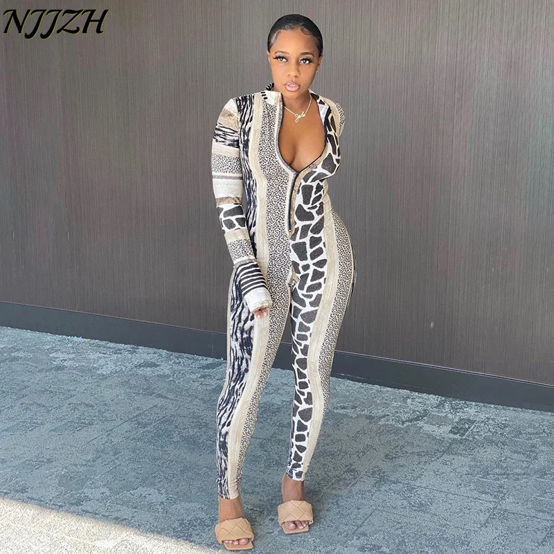 

NJJZH 2022 Spring Summer WomenFashion Sexy Sports Print Women Turtleneck Long Sleeve pack hip High Waist Slim Leisure Jumpsuits