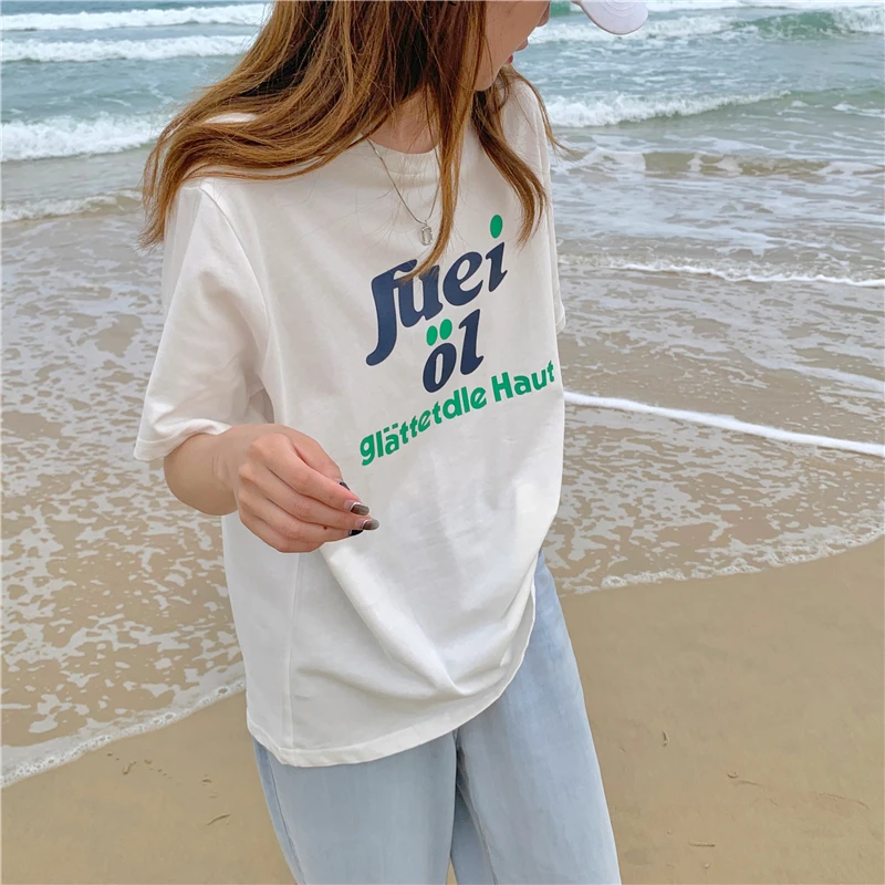 

Повседневная Свободная футболка с буквенным принтом в стиле Instagram, женские корейские футболки в стиле Харадзюку, топы, японская кавайная одежда в стиле ольччан для женщин