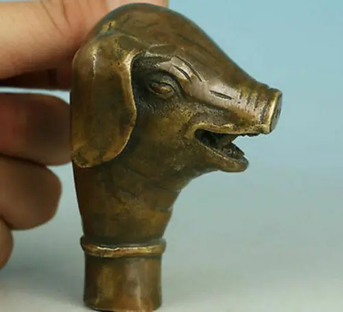 

Китайская старинная бронзовая ручная резная статуя свиньи трость Коллекционная голова