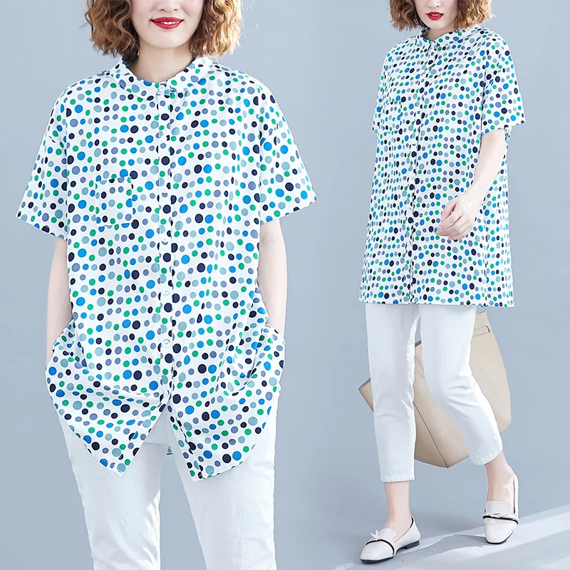

Fashionable Dot Shirt Women's Medium Long Loose Short Sleeved Chiffon Shirt Fashion Summer 2020 New Top