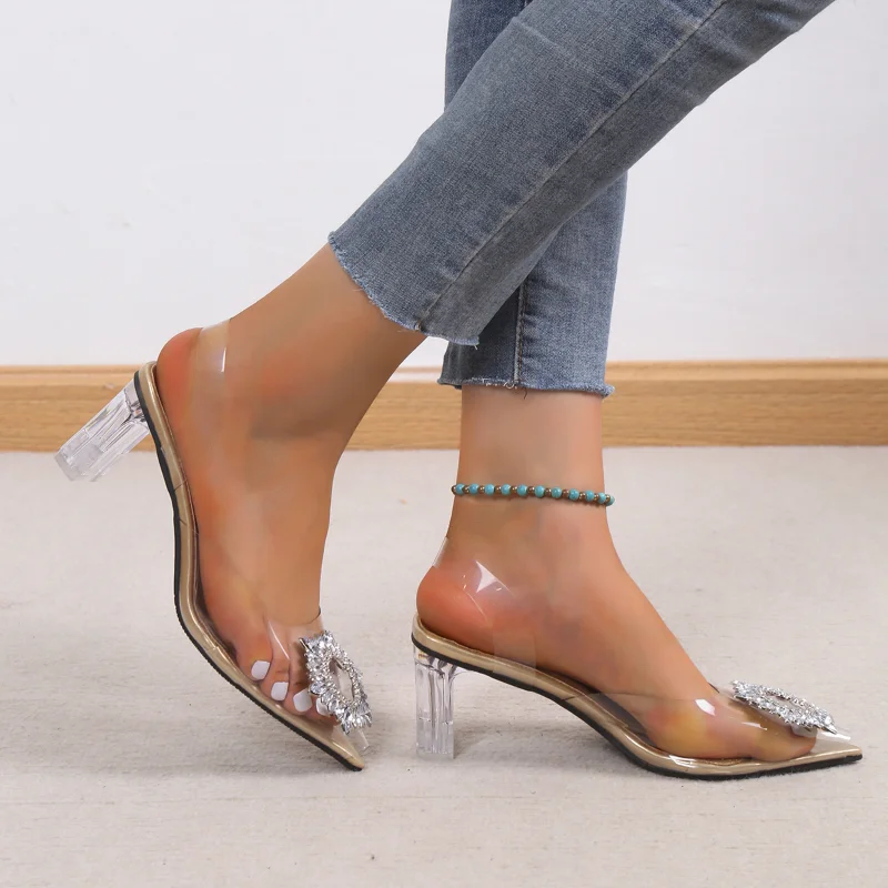 

Fashion Pointed Toe Transparent Sandals Women's Summer New Herringbone Belt Stiletto Rhinestones Sexy Baotou High Heels Sandals