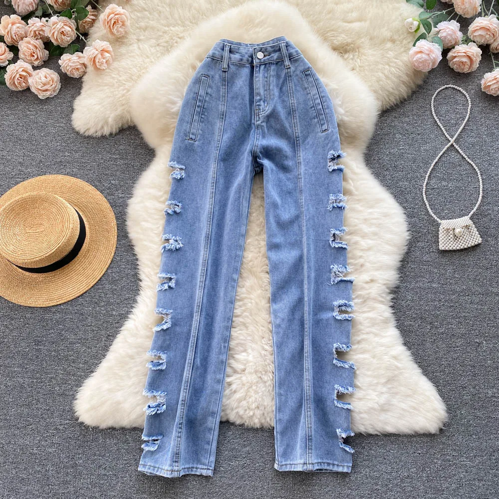 

2023 Women High Waist Solid Jeans Spring Stretch Hole Denim Straight Pants Vintage Jeans Pant Female Streetpants Trousers P011
