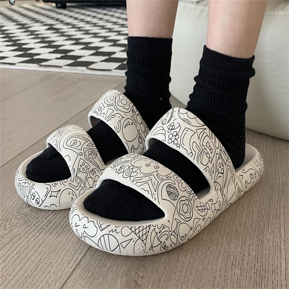 2023New Summer Creative Graffiti Couple Street Style Indoor Adult Sandals Thick Bottom Deodorant Non-slip Beach Outdoor Slippers