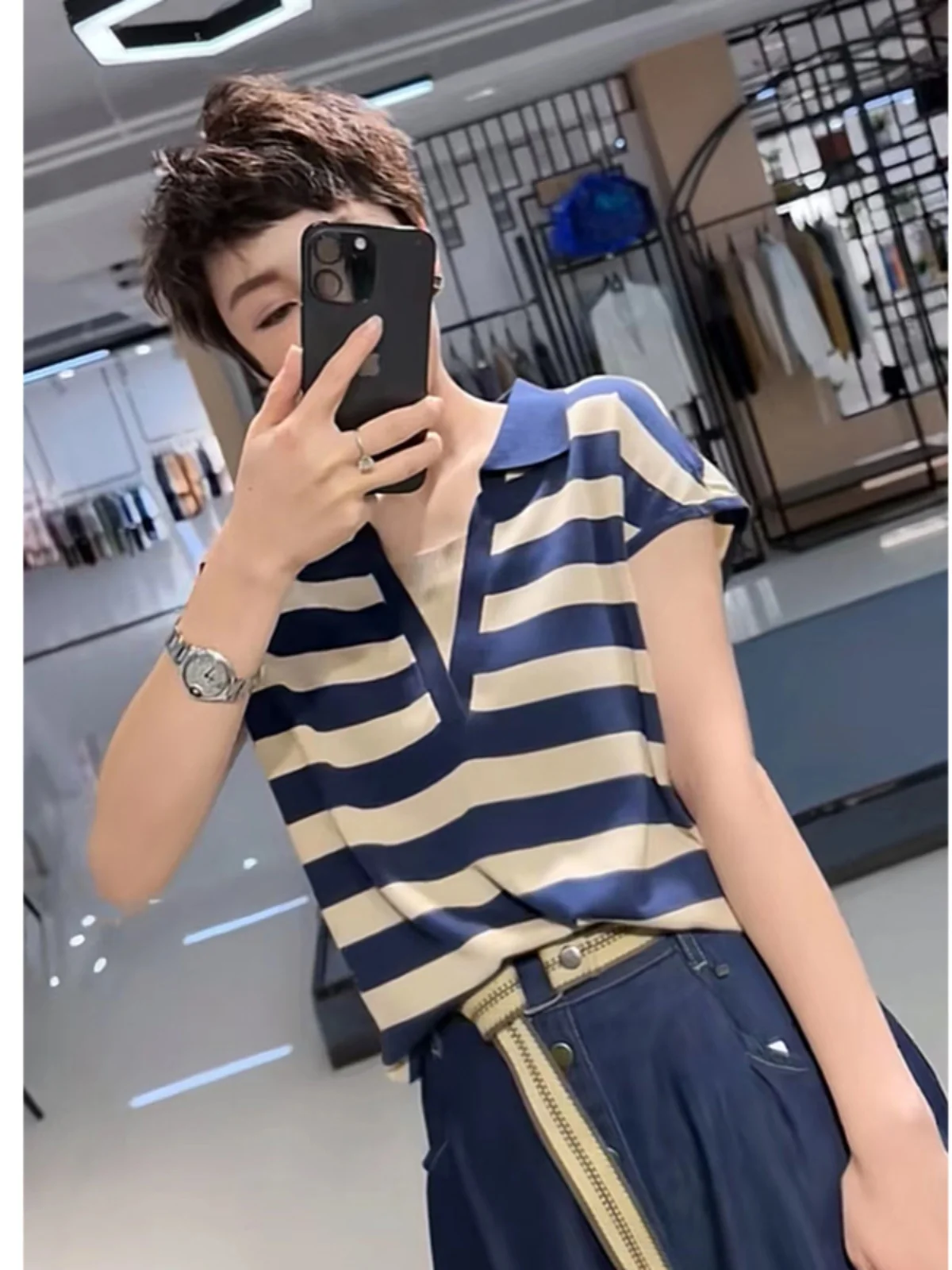 Модная вязаная женская летняя футболка в полоску из ледяного шелка новая