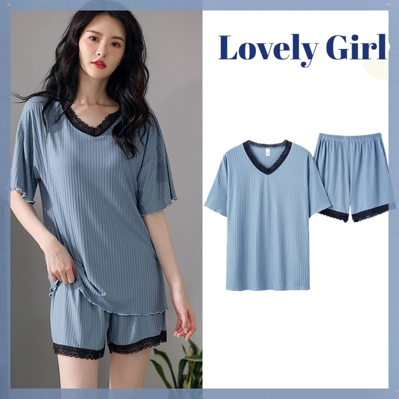 Women's Pajamas Summer This Simple Casual V-neck Short-sleeved Shorts Home Service Suit Lace Decoration Comfortable Sleepwear