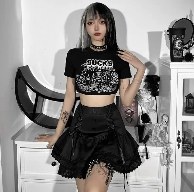

2023 Gothic Cute Kitty Short Sleeve Underwear Youth Student Girl Cartoon Print Short Half Sleeve