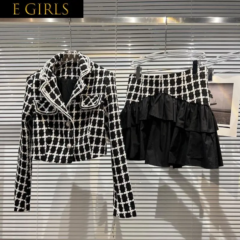 

J GIRLS Autumn Long Sleeve Pearls Buttons Black White Plaid Short Tweed Jacket Ruffles Short Skirt Two Piece Set Outfits GG095