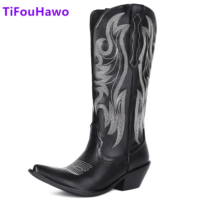 

Embroider Gold Pink High Heels Western Cowboy Boots for Women Knee High Boots High Heeled Calf Cowgirl Long Boots Shoes Ladies