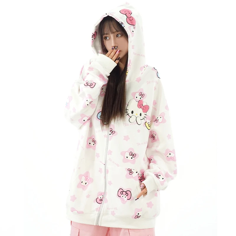 

Sanrio Hooded Sweatshirt Cardigan Y2K Hello Kitty Anime Kawaii Sweatshirt Autumn Winter Embroidery Coat Girl Student Top Loose