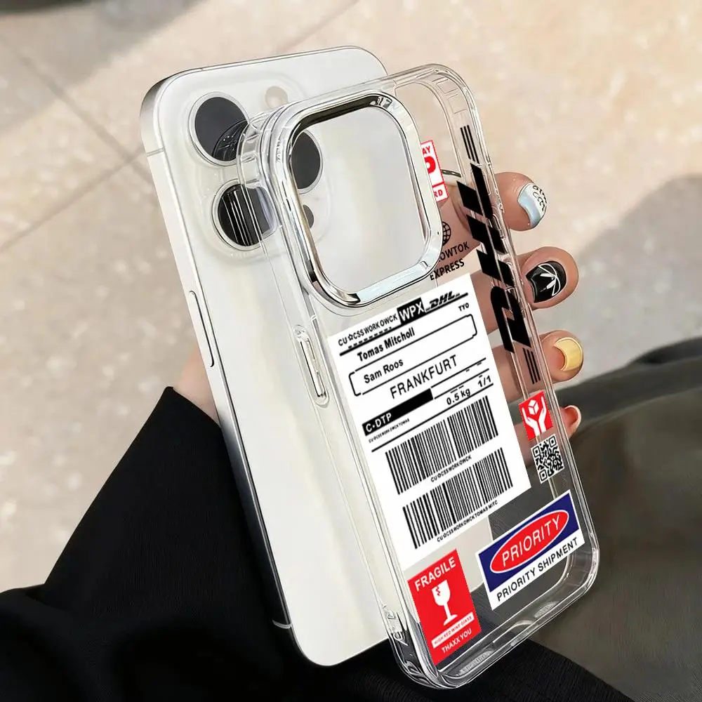 Фото Горячий тренд: Чехол для телефона с этикеткой-штрихкодом D-DHL для iPhone 17, 16, 15 Pro Max, 17 Air, 14, 13 Pro, 12 Mini Plus, серебристый корпус, IMD-покрытие №1