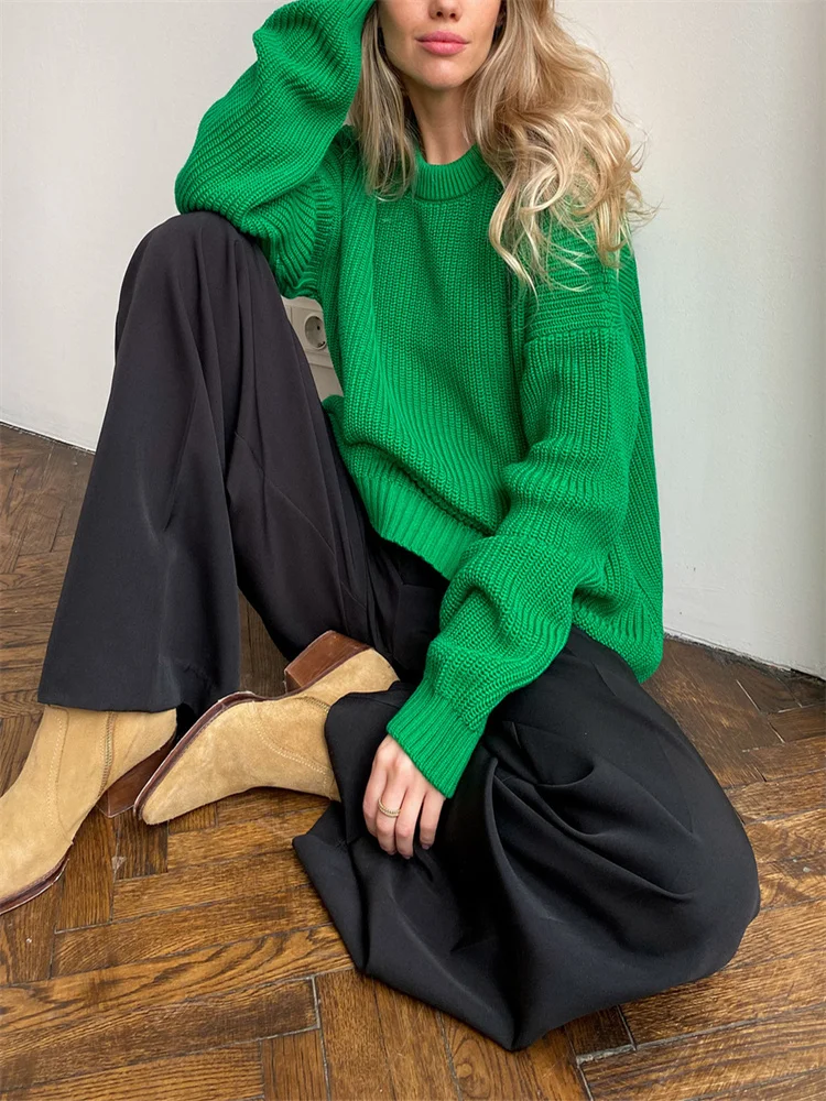 

Женский свитер, новинка сезона осень-зима 2023, свободный однотонный Вязаный Свитер оверсайз с круглым вырезом, пуловер с длинным рукавом, модные топы