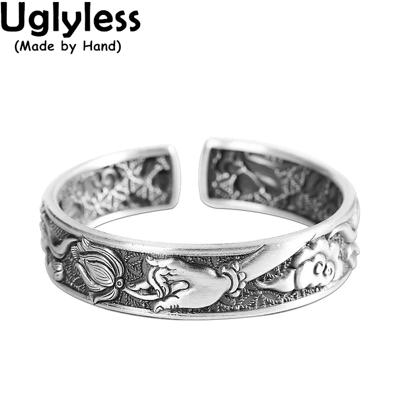 

Uglyless 999 Pure Silver Buddhand Hand Buddhism Jewelry Women Thai Silver Ethnic Lucky Clouds Lotus Bangles Real Silver Bangle