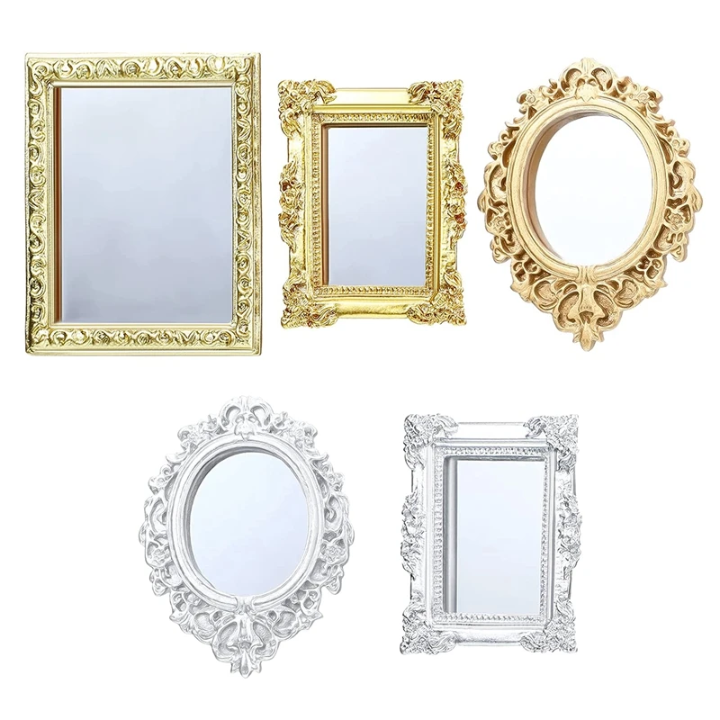 

5Pcs Miniature Dollhouse Mirror European Frame Mirror Dollhouse Victorian Baroque Wall Mirror For 1/12 Dollhouse Bedroom