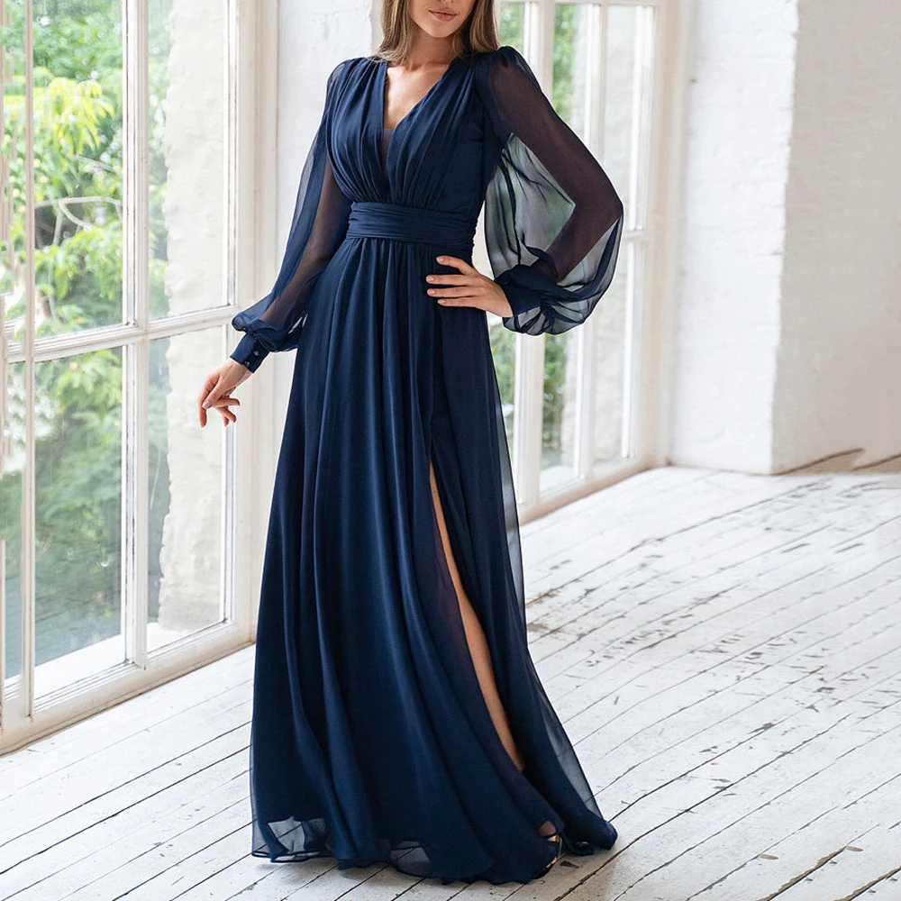

Long Sleeves Evening Dresses 2022 New Sexy High Slit A-Line Chiffon Prom Gowns Simple V-Neck Pleat Boho Empire Robes De Soirée