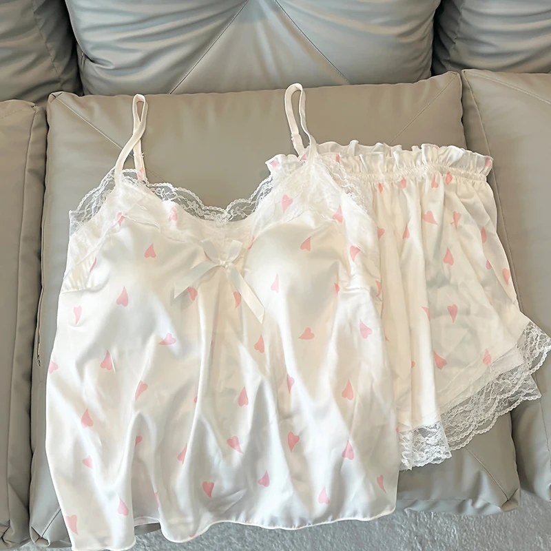 

Love Print Pajamas Women's Summer Ice Silk Sleepwear Halter Shorts Two-piece Sexy Home Wear With Chest Pad