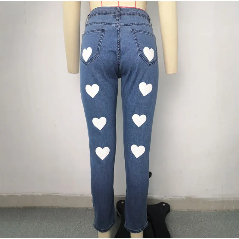 New Y2K Oversize Printed Heart Shaped Jeans Mommy 2XL Retro Street Women Women's Blue High Stretch Sexy Skinny Pencil Jeans