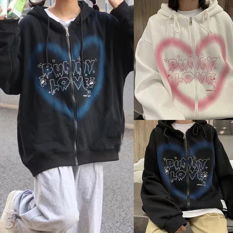 

Women Long Sleeve Hoodies Jacket Harajuku Heart Graffiti Letters Bear Print Tunic Sweatshirt Zip Up Oversized Loose Coat