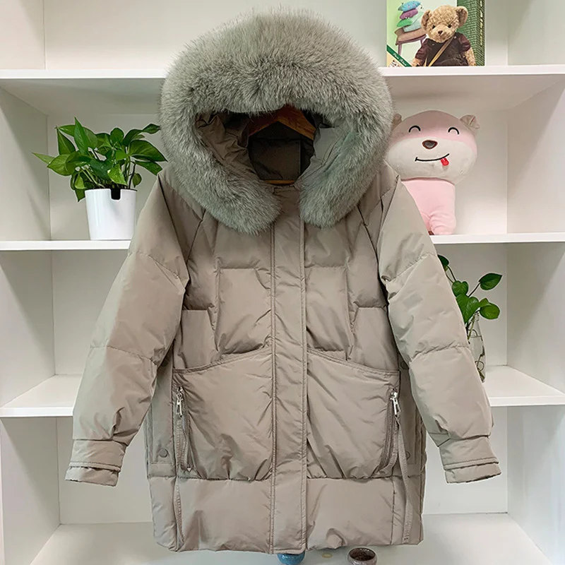 

Winter Women's New Casual Thickening Loose Real Fur Collar Mid-length White Duck Down Jacket Outdoor Travel Trekking Skiing Coat