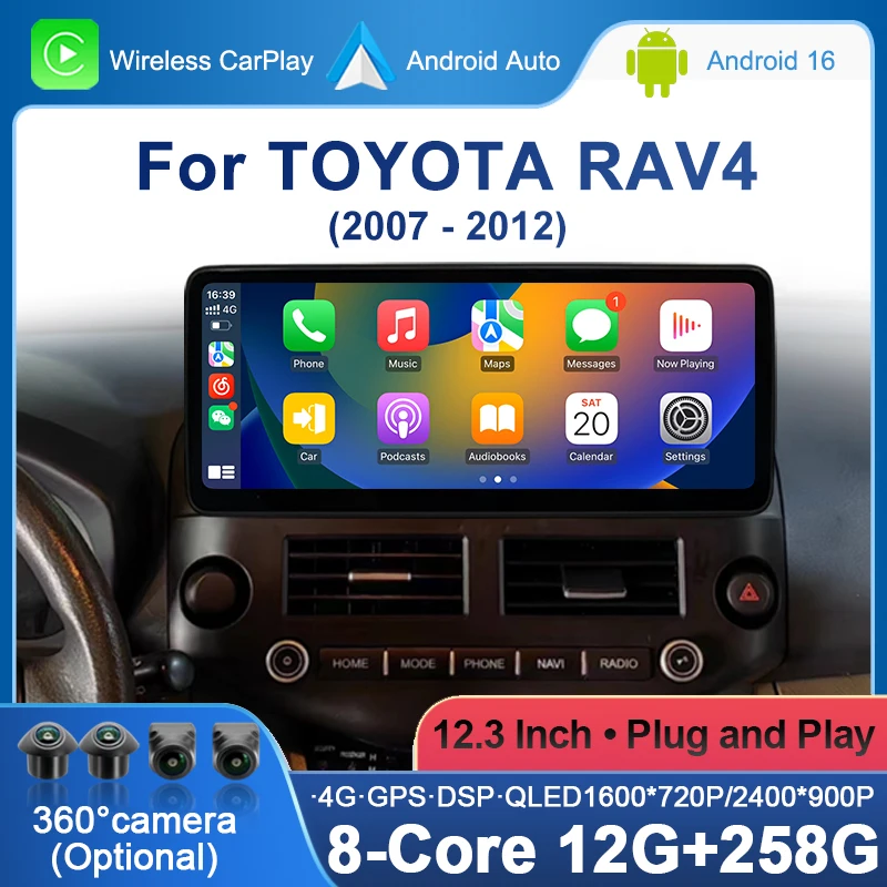 Фото Автомобильное радио с Wi-Fi 4G для Toyota RAV4 2007-2012, беспроводной Carplay, Android 16, мультимедийный проигрыватель, HDMI, DSP, 48EQ №1