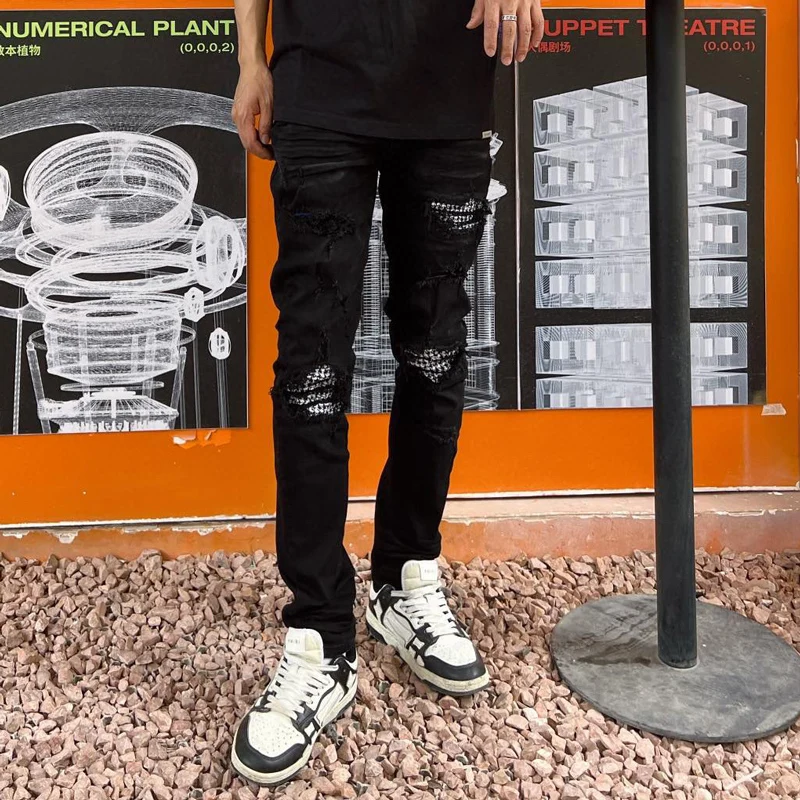 Street Fashion Men Jeans High Quality Black Elastic Stretch Skinny Fit Ripped Jeans Men Patched Designer Hip Hop Brand Pants