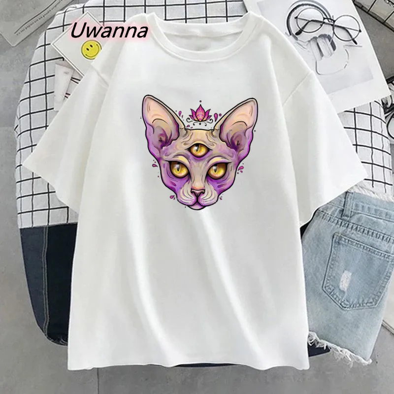 Cool Sphynx Cat Tshirt Women Graphic Harajuku Unisex T-shirt Aesthetic Goth Tops Tee Shirts Printed Summer Female y2k Clothes images - 6