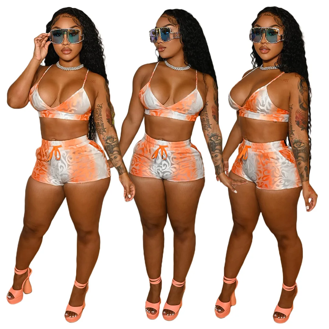 

21 wholesale 2022 summer fashion new women two piece bra set bikini straps top shorts print two piece shorts set