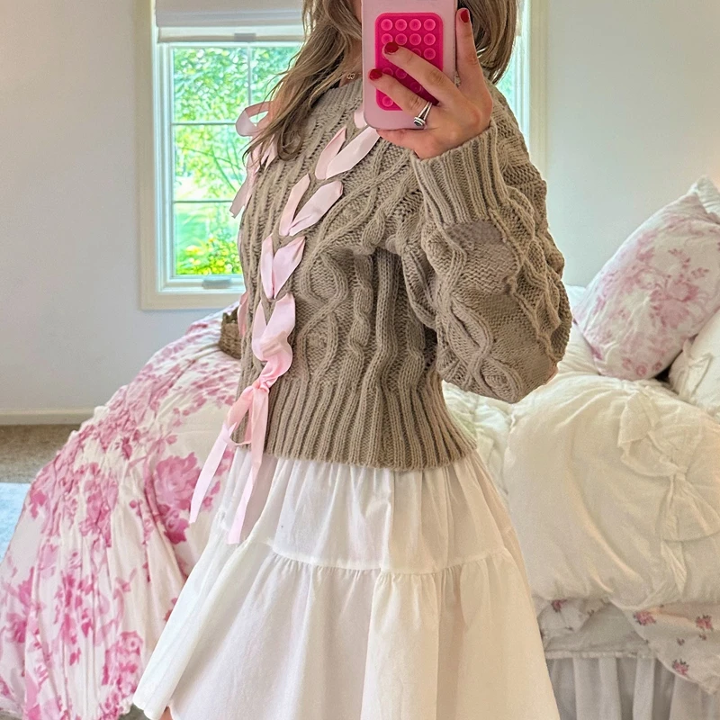 Свитер с милой лентой и крест-накрест девчачьи кокетли вязаные пуловеры женские