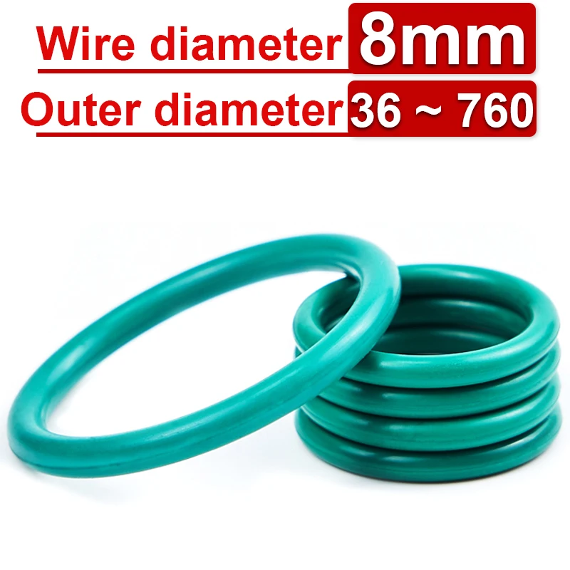 Wire Diameter 8mm FKM Fluororubber O-Ring Sealing Ring CS OD 36mm-760mm Green Seal Gasket Ringcorrosion Resistant Heat 1Pcs