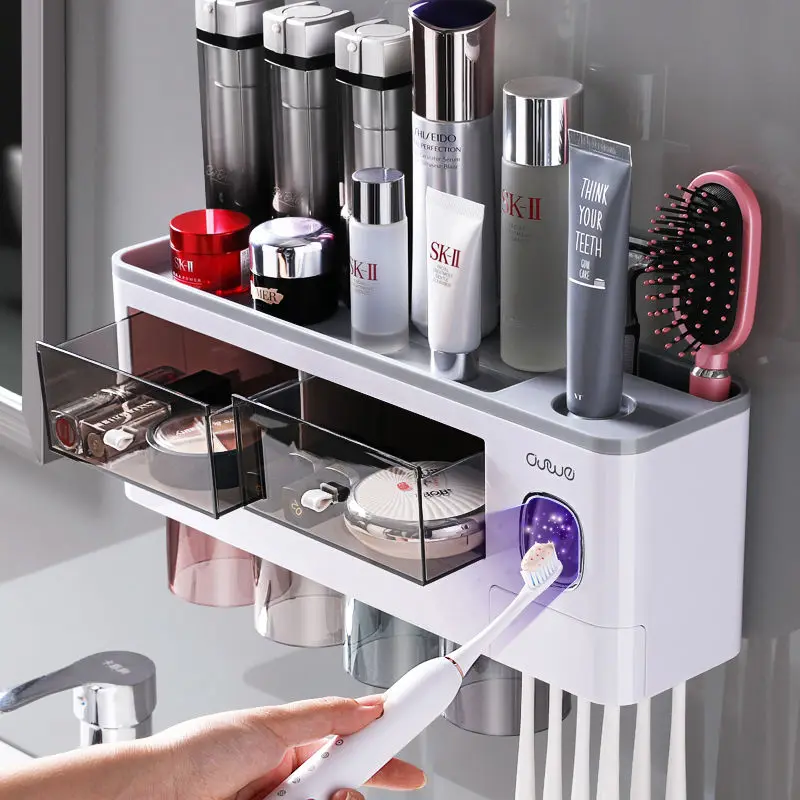

Bathroom Accessories Set Magnetic Adsorption Inverted Toothbrush Holder Automatic Toothpaste Dispenser Squeezer Storage Rack