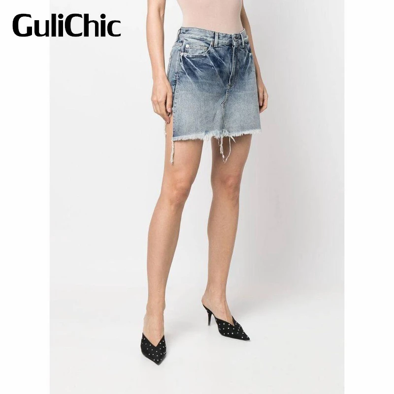 

7.16 GuliChic Women Bleached Frayed Cotton Denim Fake Two Piece Shorts Skirt